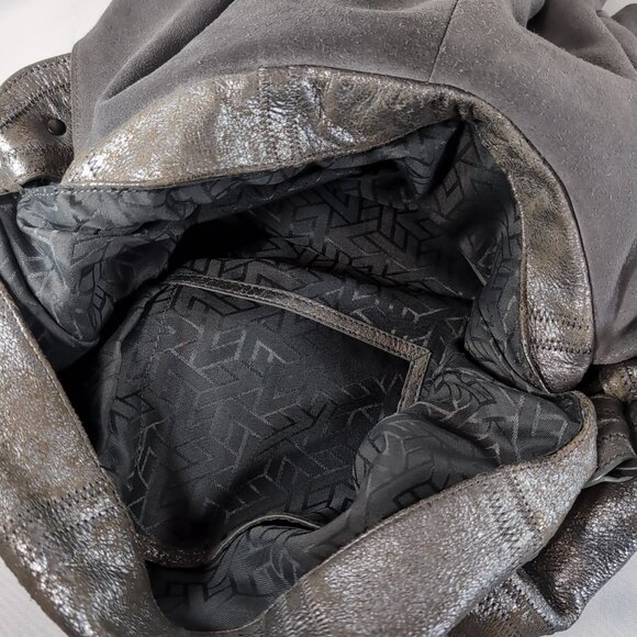 7 For All Mankind Leather Purse Shoulder Bag Silver Distressed Studded Hobo Flap - Picture 14 of 16